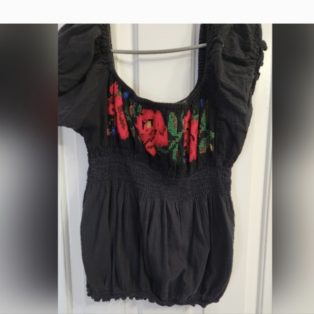 Mexican Black Floral Embroidered Off The Shoulder Top - Size Medium